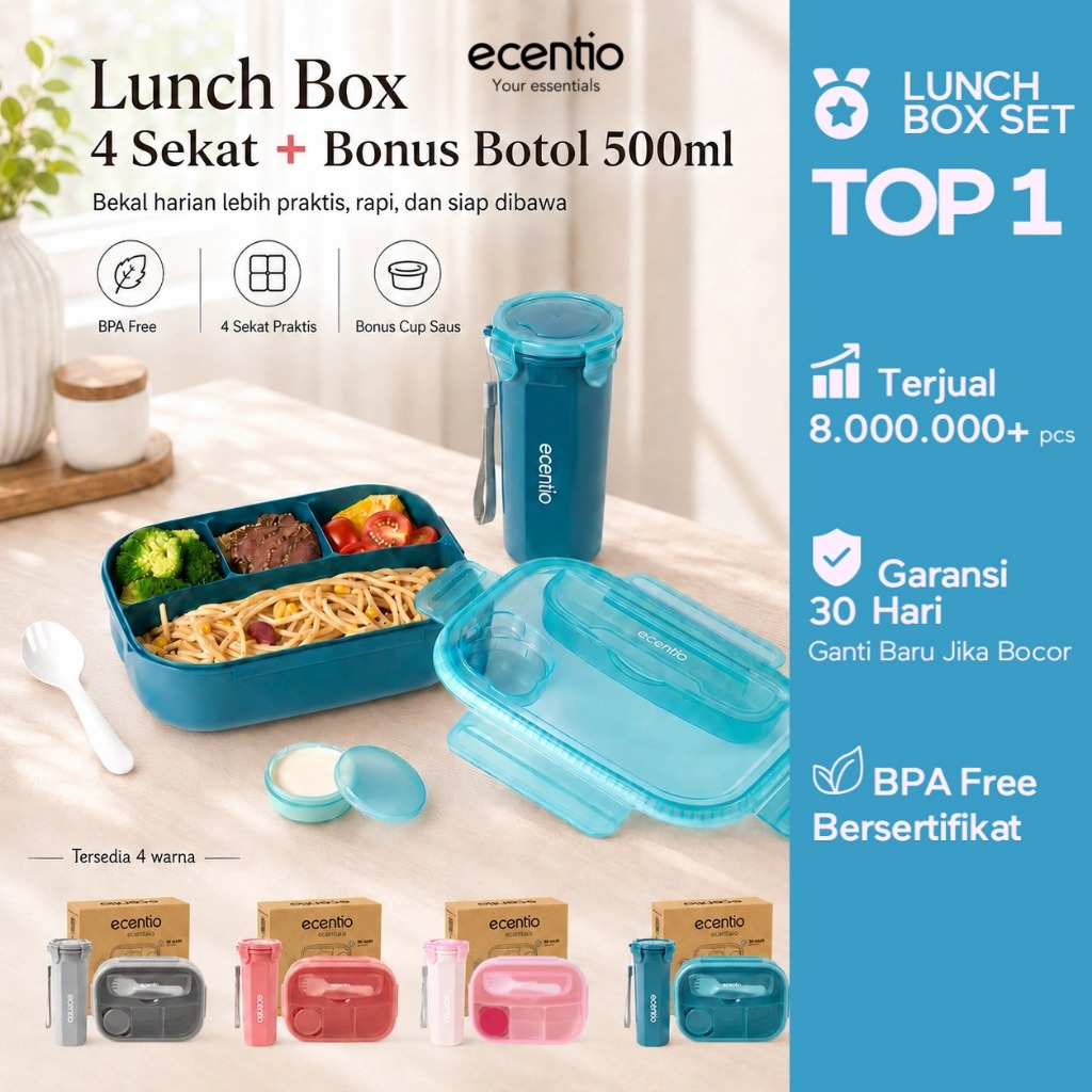 [Versi 2.0] ecentio Lunch Box 1200ml + Botol 500ml Anti Bocor Set Bekal Makan BPA Free Kotak Makan S