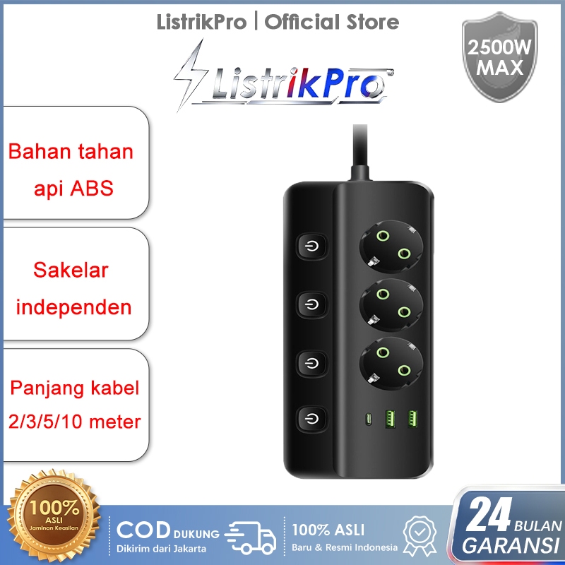 [Garansi dua tahun] ListrikPro PowerPort 2500W Stop Kontak USB Kabel Serbaguna Multiguna Panjang 2 M