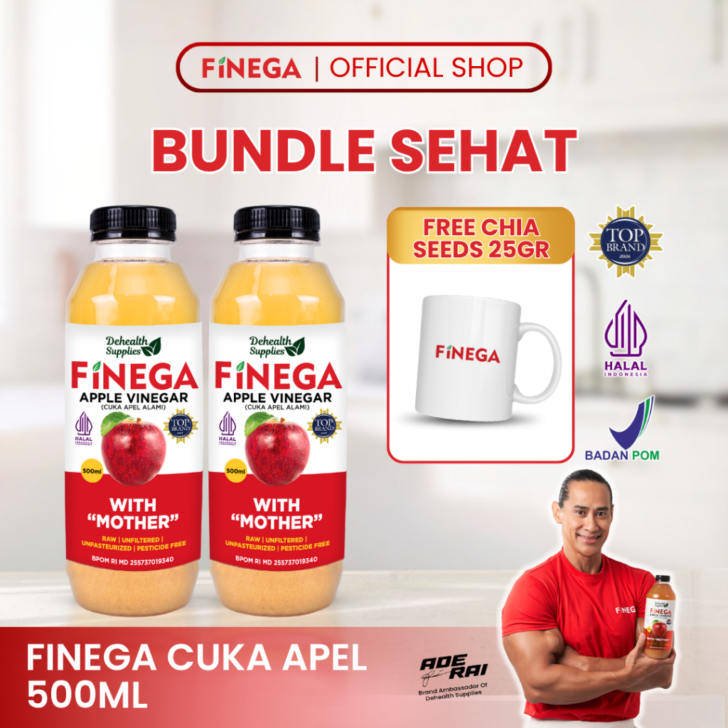 Finega Cuka Apel 500ml Kemasan Plastik Bundle 2 pcs Free Mug Finega