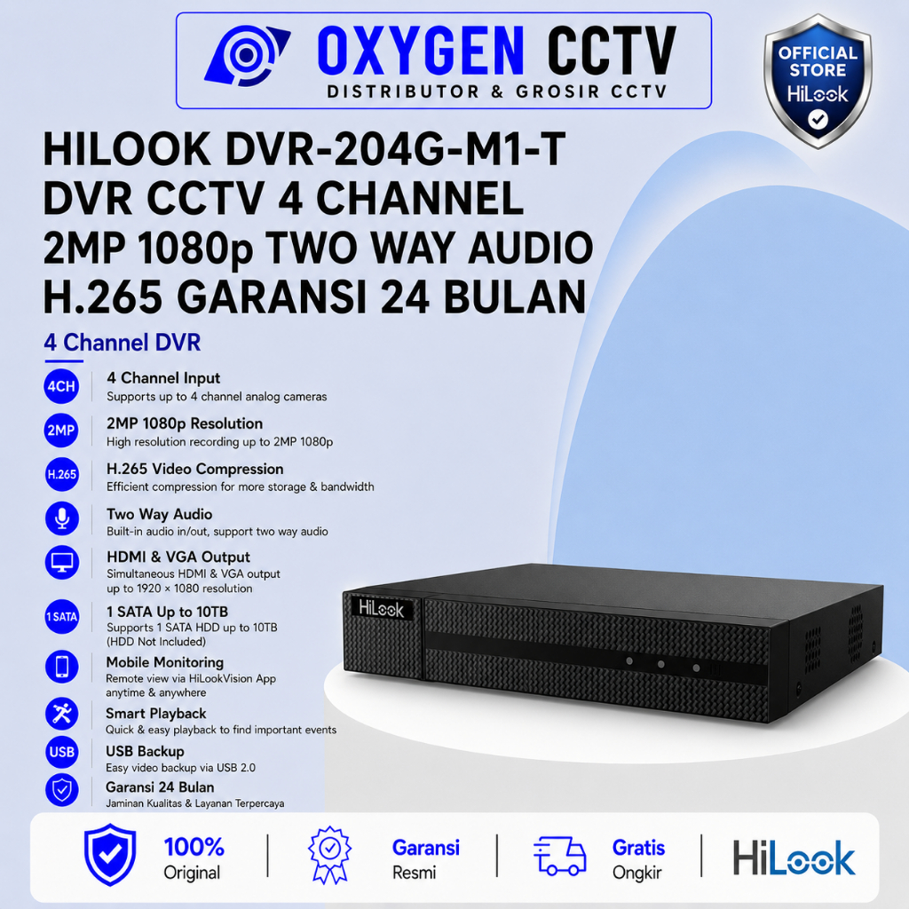 HILOOK DVR-204G-M1-T DVR CCTV 4 Channel 2MP 1080p Two Way Audio H.265
