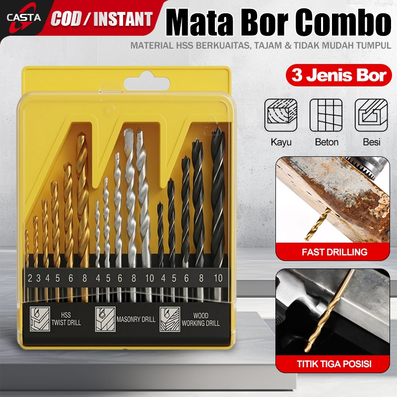 CASTA Mata Bor Set 16pcs Multifungsi Baja Beton Tembok Kayu HSS Titanium Power Drill Bits Set Kombin
