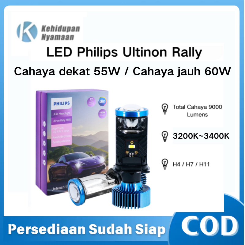 Philips LED Ultinon Rally 3550 100W H4 H7 H11 Lampu Mobil Ultra Bright 9000 Lumens 6500K