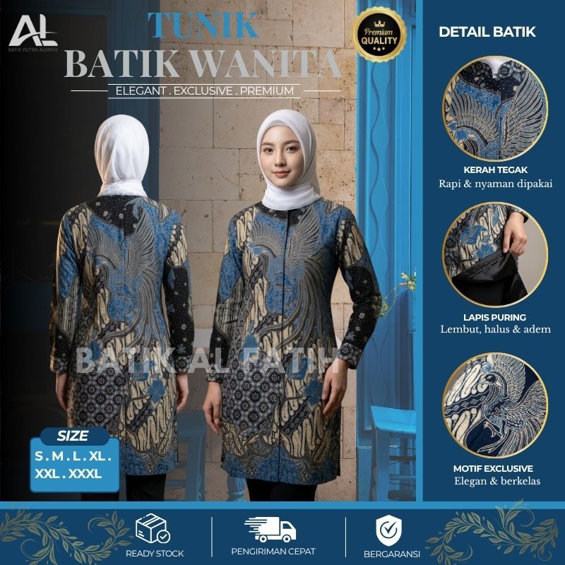 Batik Alfatih - Tunik Batik Premium Lengan Panjang Full Puring Motif Suparnaka Warna Hitam Kombinasi