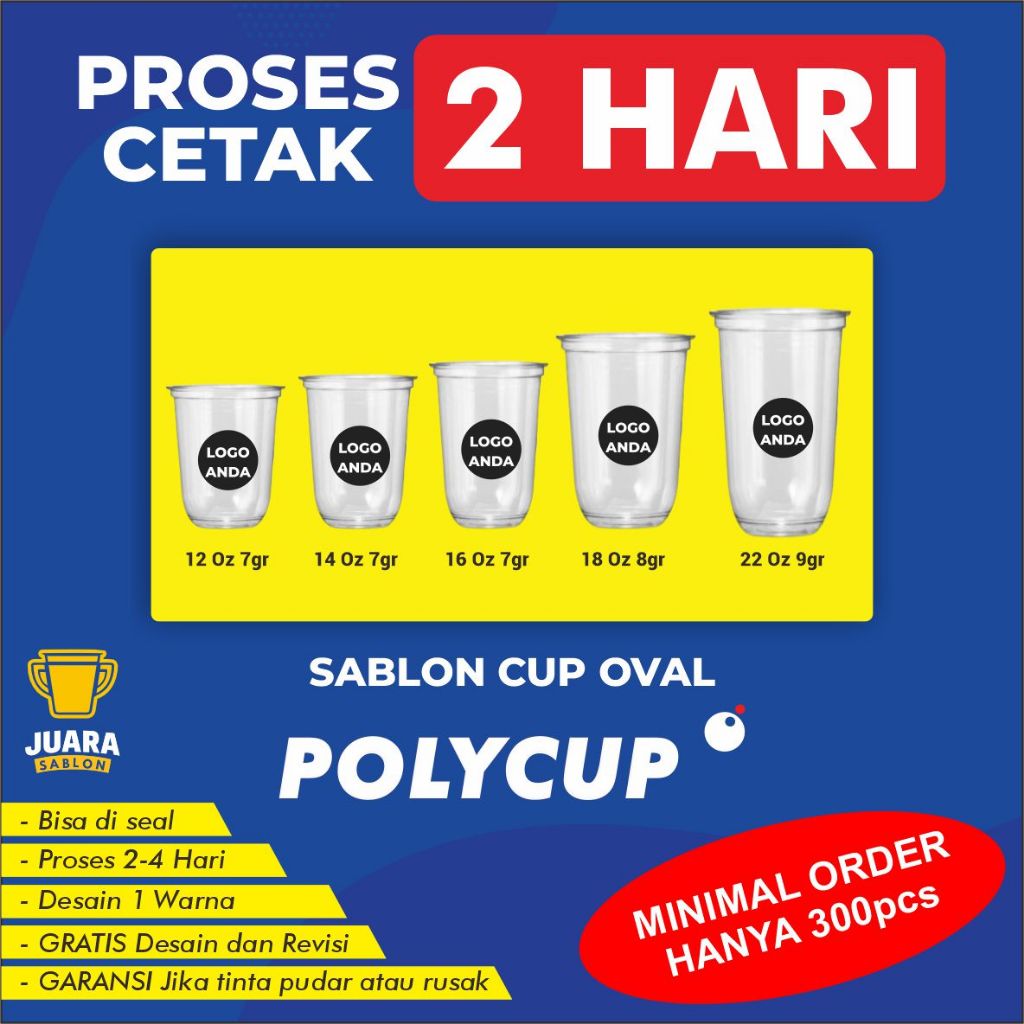 Sablon Cup Datar POLYCUP Gelas Packaging Plastik PP Custom 12 Oz, 14 Oz, 16 Oz, 18 Oz, 22 Oz Tebal 7