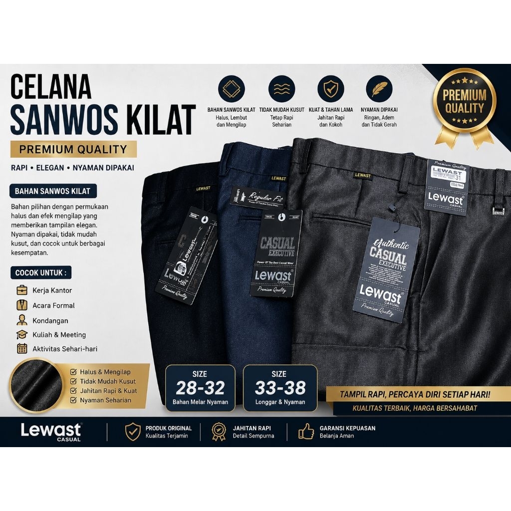 Celana Panjang Pria Lewast Sanwosh Kilat Premium | Regular Fit Casual Formal Kerja Original Size 28-