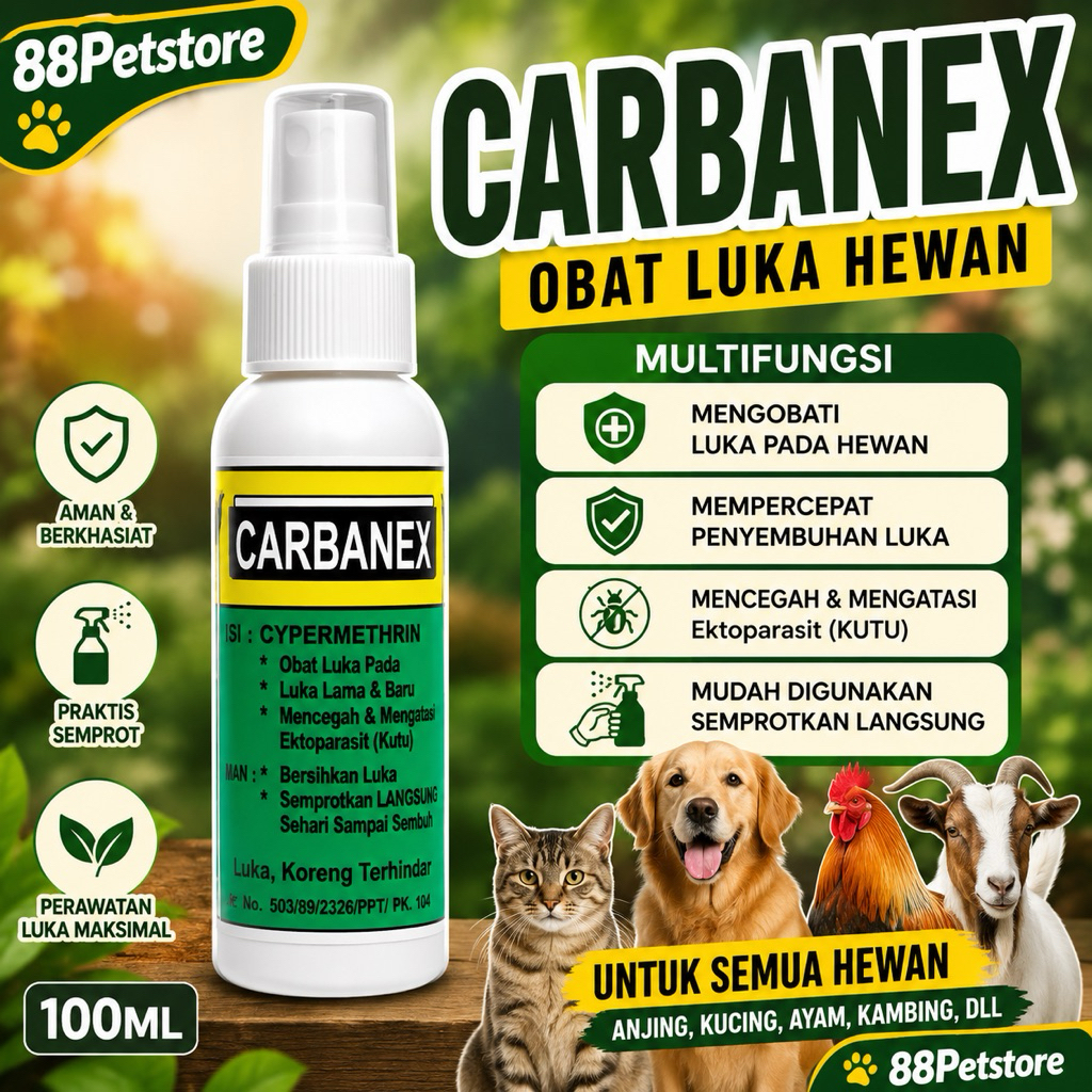 Carbanex Spray Obat Luka Hewan 100ml | Obat Luka Ayam Kucing Anjing Kambing | Anti Infeksi Luka Semp