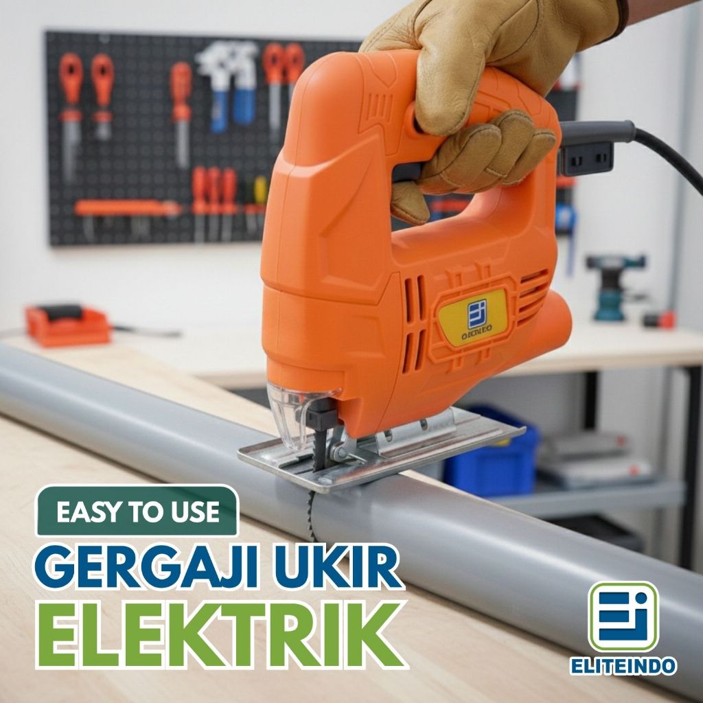 ELITEINDO Jigsaw Mesin Gergaji Ukir Elektrik 500W Praktis Alat Potong Kayu Besi & Triplek Miring Por