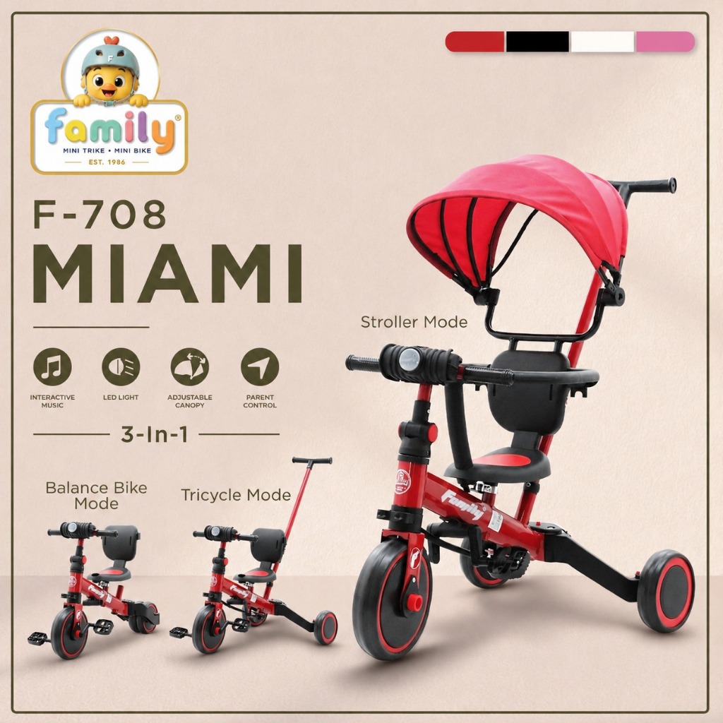 Family Balance Bike  / Sepeda Anak Roda 3 / Stroller Anak Tricycle 3 in 1 Dorongan dan Musik SNI