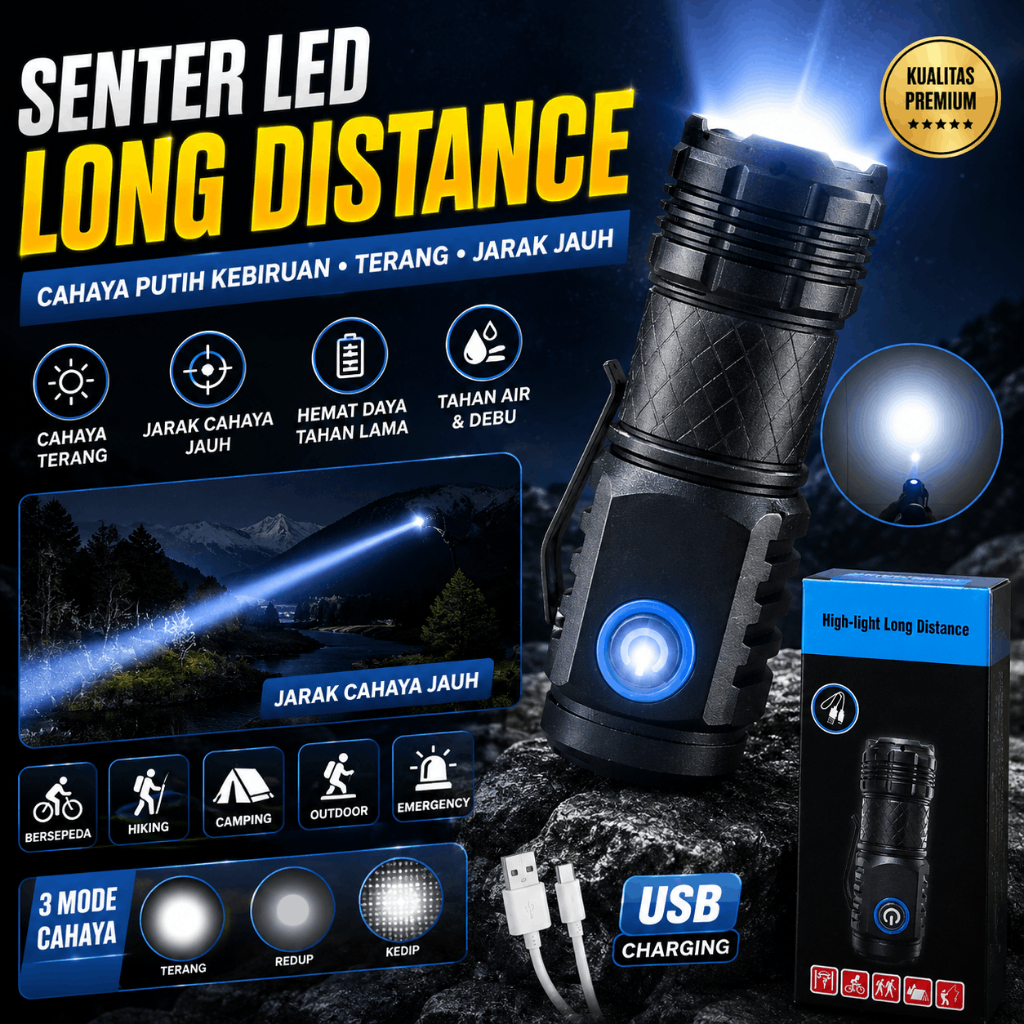 Senter Mini LED 3 Mata / Senter Mini Anti Air Super Terang / Senter Mini Rechargeable
