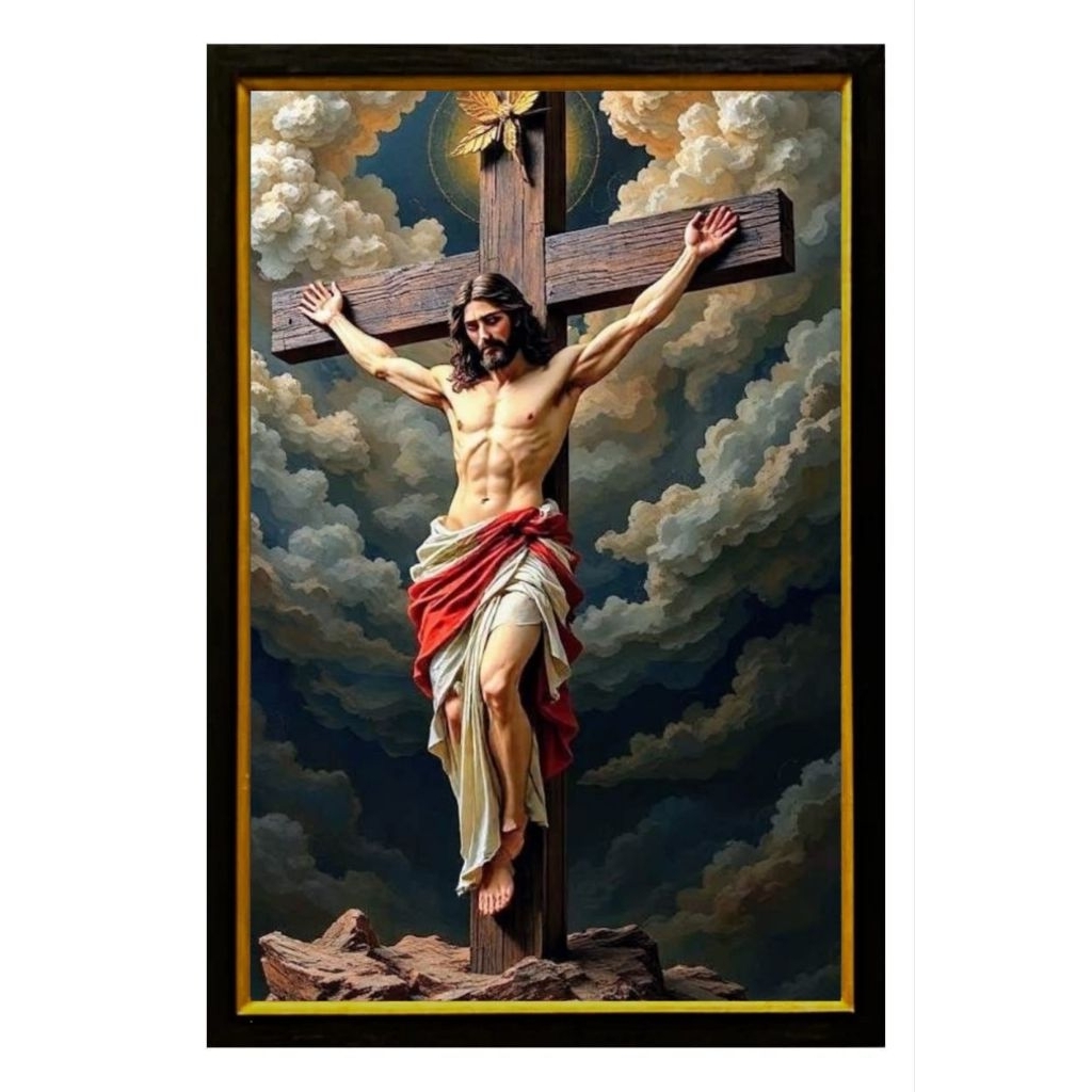 hiasan dinding cetak gambar plus bingkai tuhan yesus uk 45x65cm