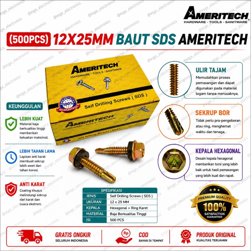 (500PCS) 12X25MM BAUT SDS AMERITECH / BAUT BAJA RINGAN SDS 12X25MM / SKRUP ROOFING ATAP BAJA RINGAN
