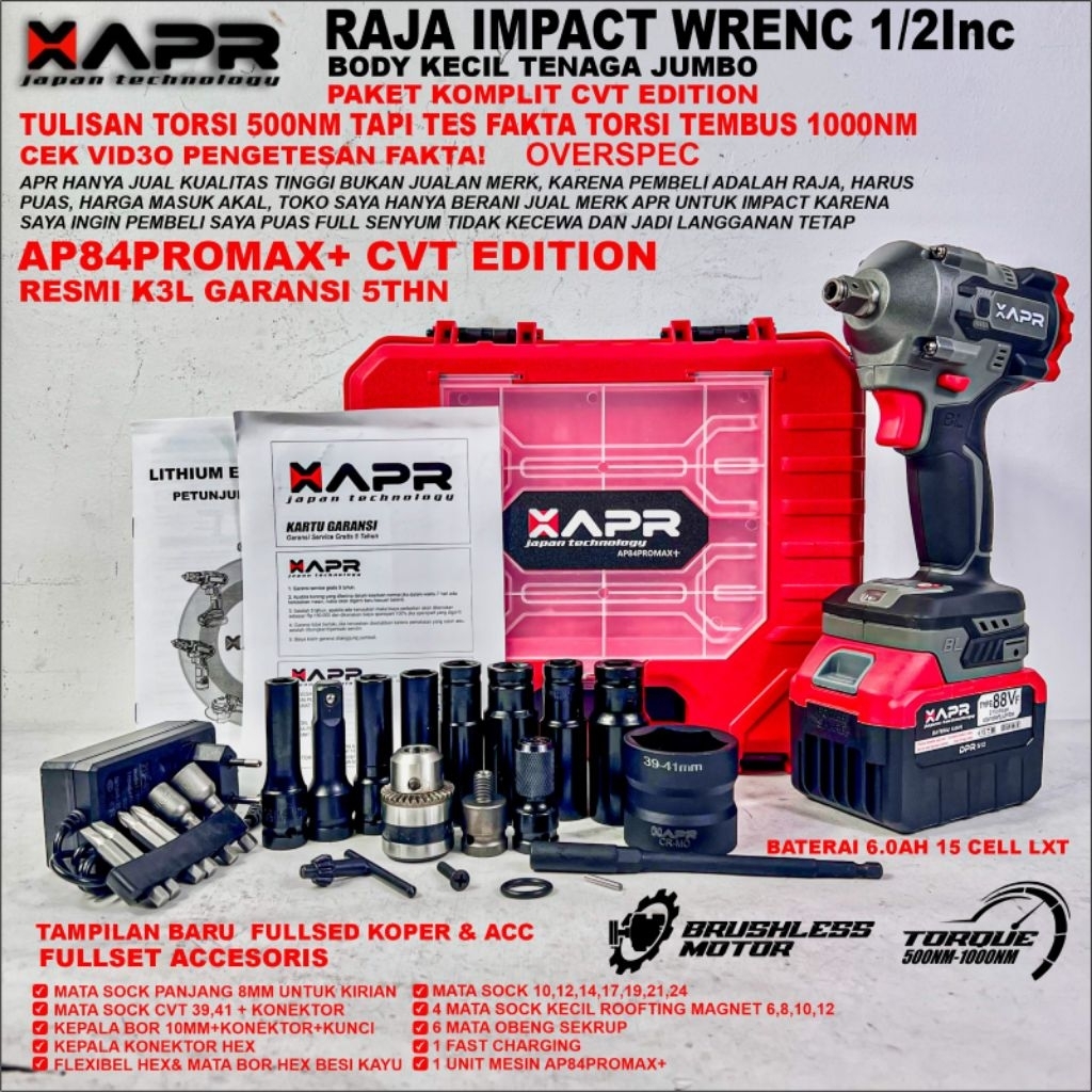APR APR 84PROMAX+CVT IMPACT/IMPEK WRENCH 1000nm body kecil tenaga jumbo GARANSI RESMI 5 TAHUN