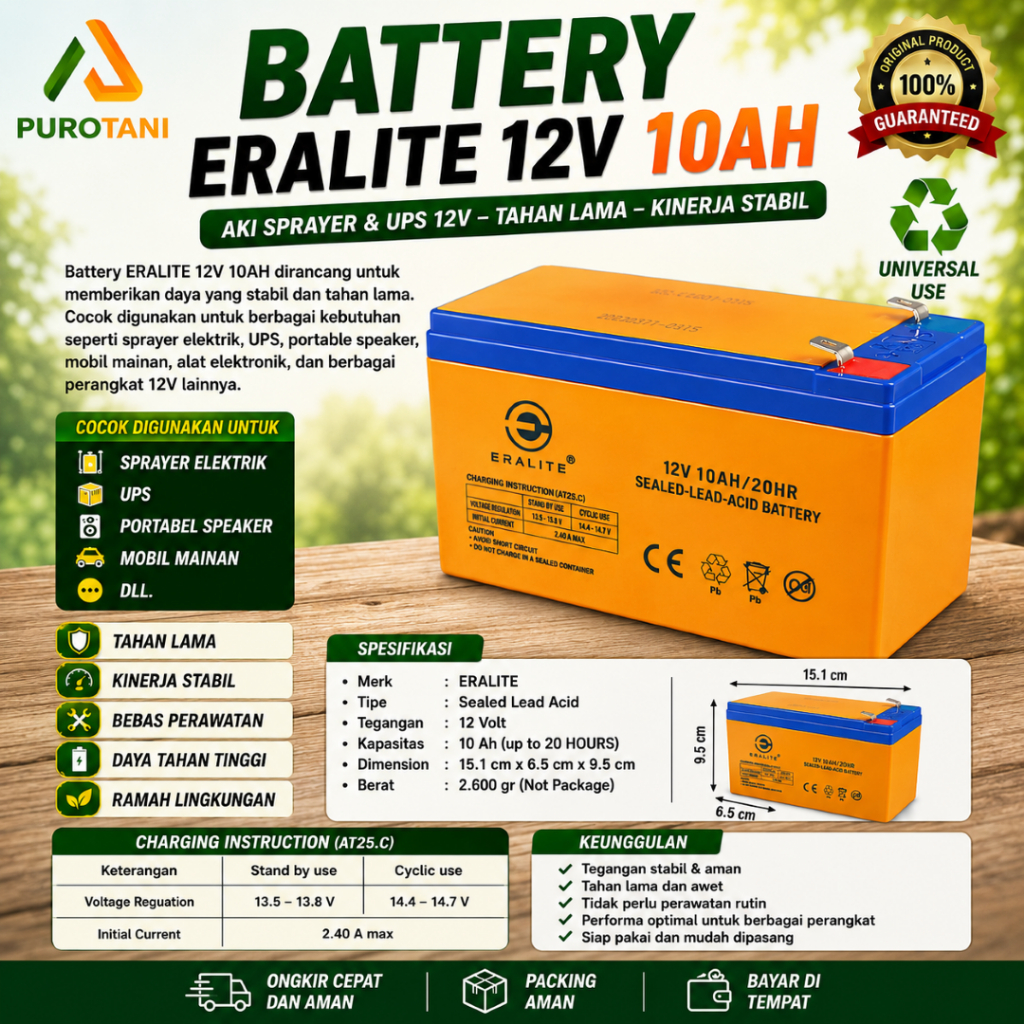 Battery 10ah 12V Aki Baterai 10 Ah 12 Volt Eralite