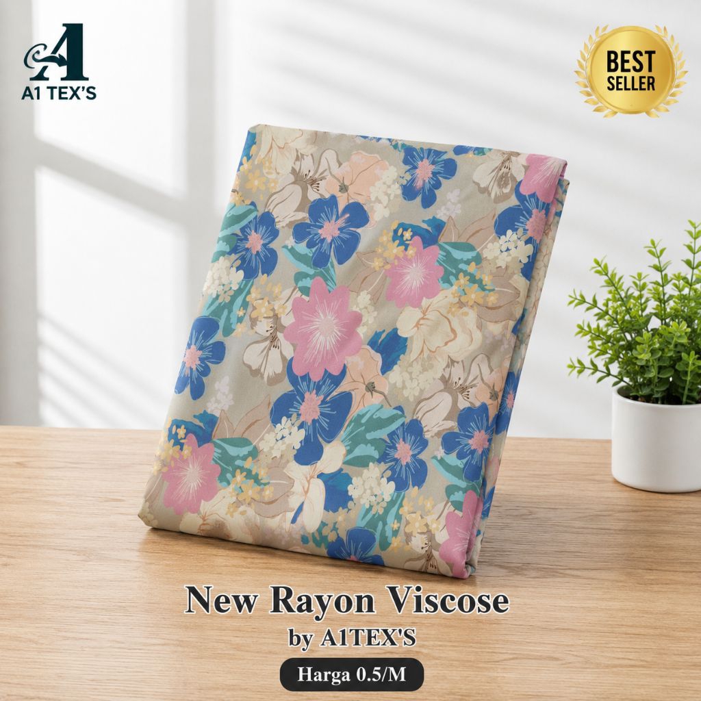 Kain Katun Rayon Viscose Premium - Kain Rayon Motif Bunga Biru Pink Pastel Floral Premium Adem - Kai
