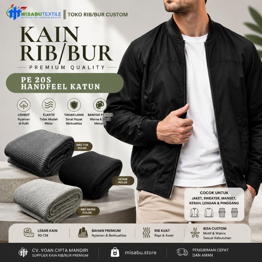 Kain rib/bur untuk jaket polyester premium hitam abu muda dan abu tua