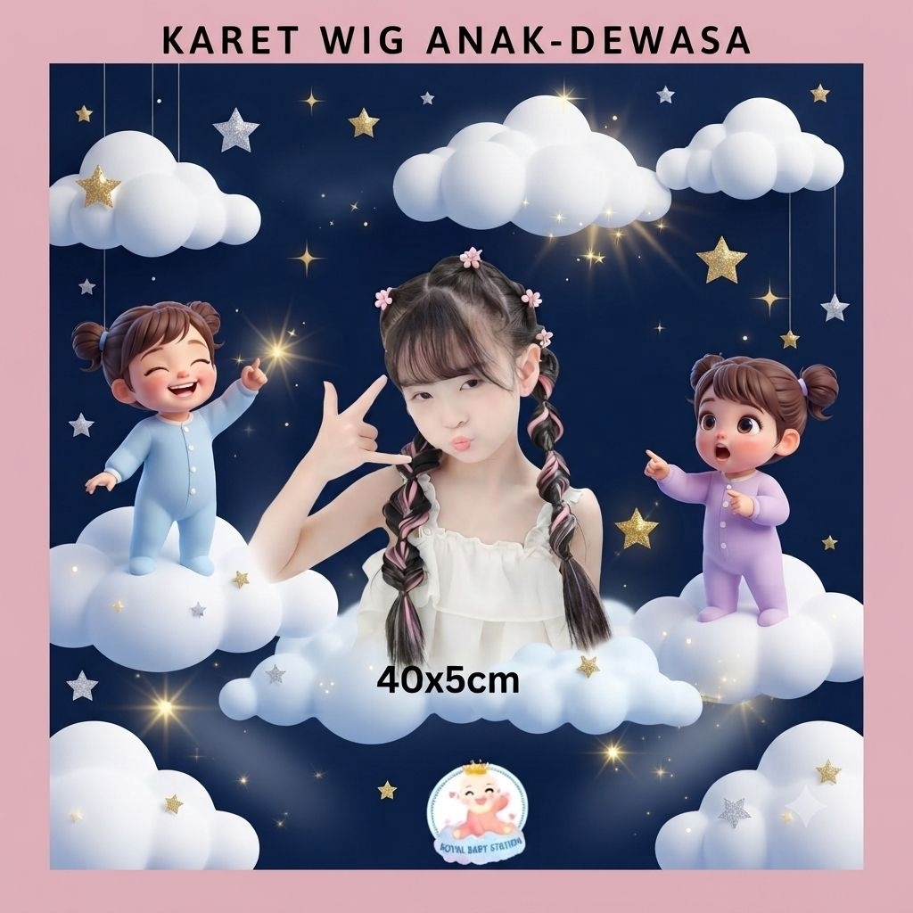 Wig Anak Dewasa Karet Rambut Palsu Kepang Besar Pink Hitam Panjang
