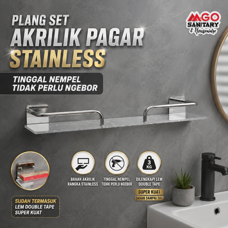 Rak Kamar Mandi Tempel Akrilik Stainless Tanpa Bor Lem Double Tape – Rak Kamar Mandi Dinding Minimal