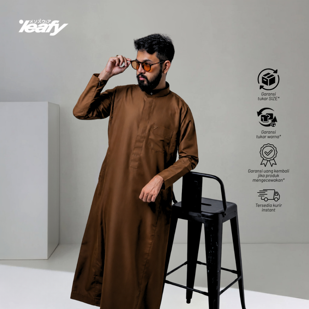 LEAFY - DK 001 Jubah Slimfit Pria Dewasa Lengan Panjang Kerah Tegak | Baju Gamis Basic Laki Laki