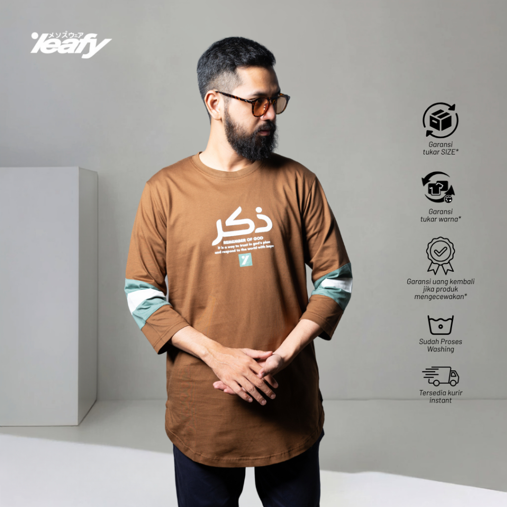 LEAFY - AL 028 Baju Kaos Koko Kurta Pria Lengan 3/4 Katun Anti Bakteri | Atasan Busana Cowok Muslim
