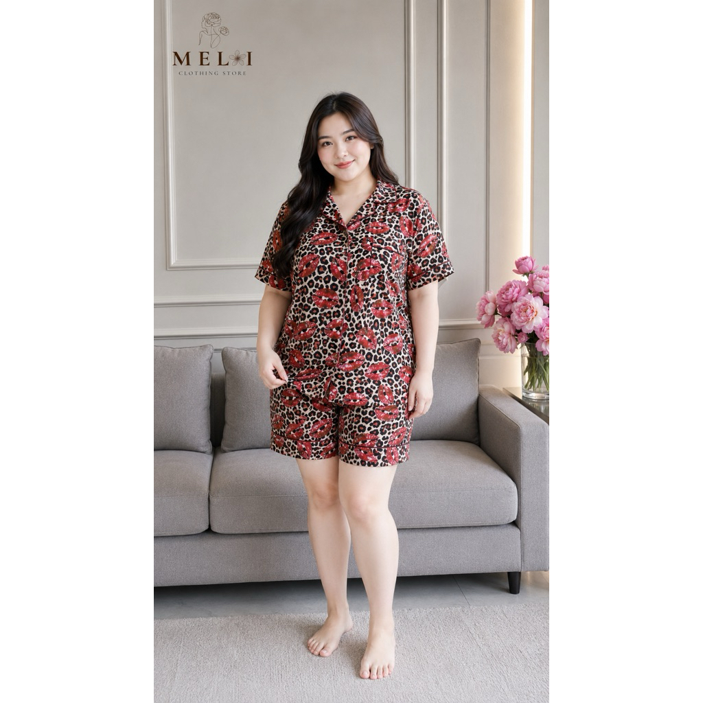 One Set Lisa Piyama Wanita Motif Leopard Lips | Setelan Tidur Wanita Celana Pendek Lengan Pendek Jum