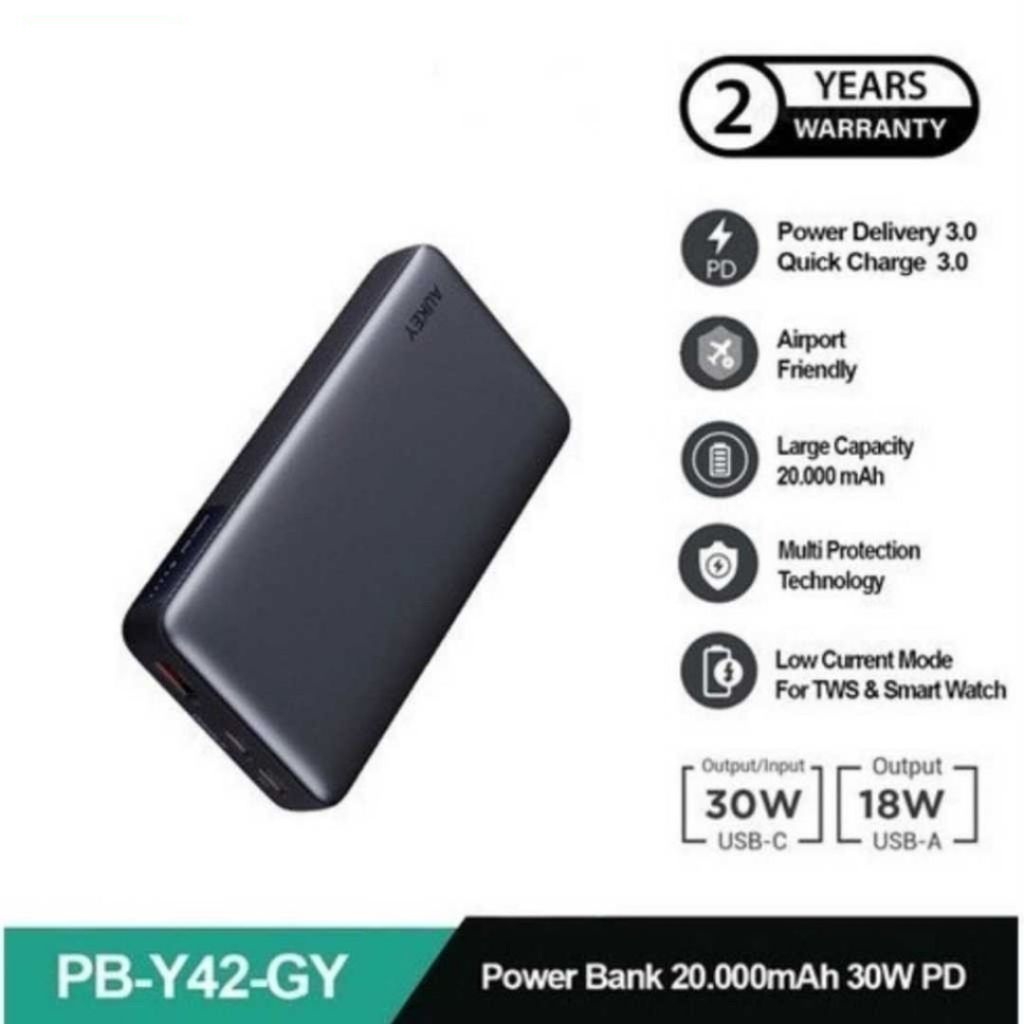 AUKEY Power bank 20000mah PB-Y42-GY USB C 30W PD 3.0 Slim