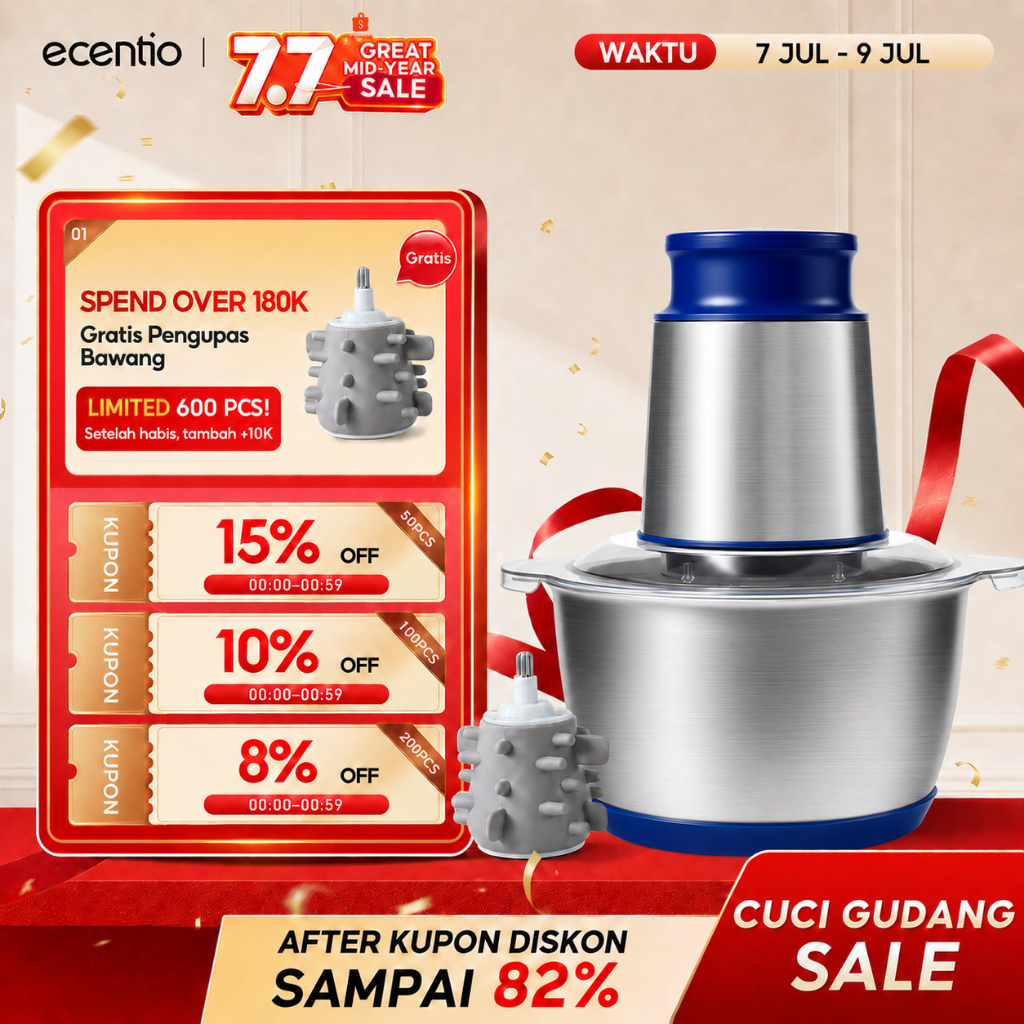 ecentio food chopper stainless coper daging dan bumbu 2L food processor 6 Mata Pisau blender 250W pe