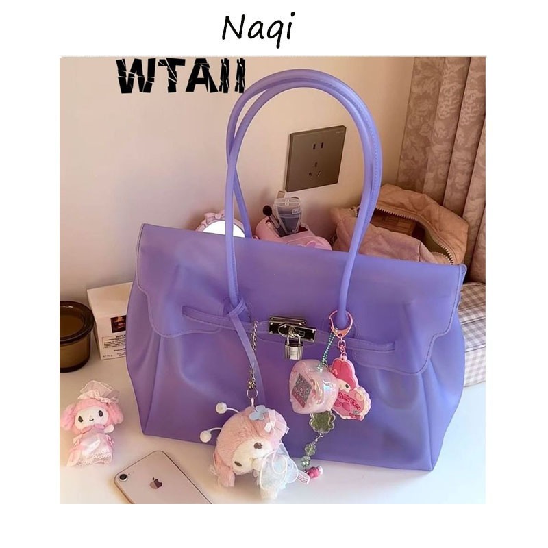 Tas jinjing jelly gaya Korea, tas wanita transparan TPU selempang, tas tote kapasitas besar warna pe