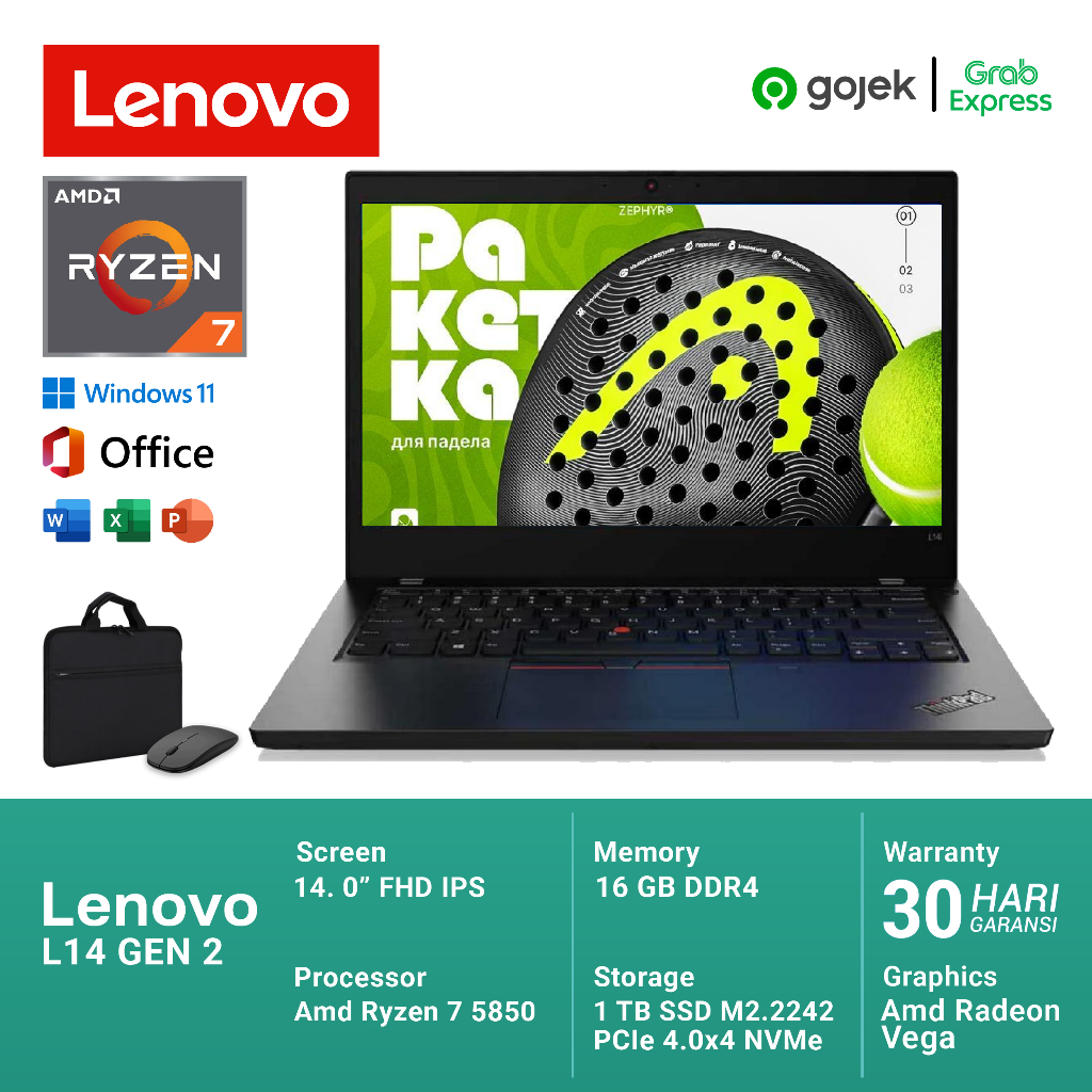 Lenovo ThinkPad L14 Gen 2 AMD RYZEN 7 RAM 16 GB SSD 1 TB NVMe Layar 14 Inch Full HD