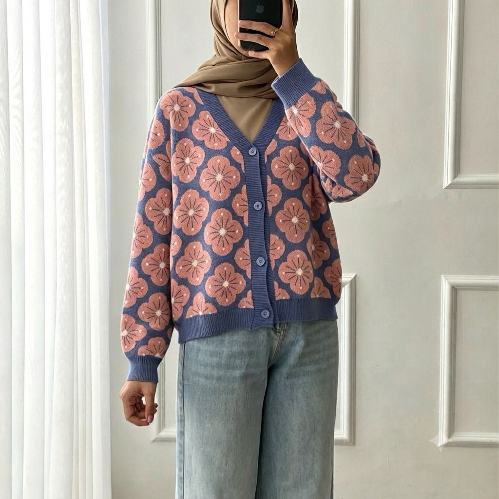 Kirana Cardigan Rajut Wanita Motif Bunga Vintage Lengan Panjang Knit Outer Cardigan Knit Wanita Moti