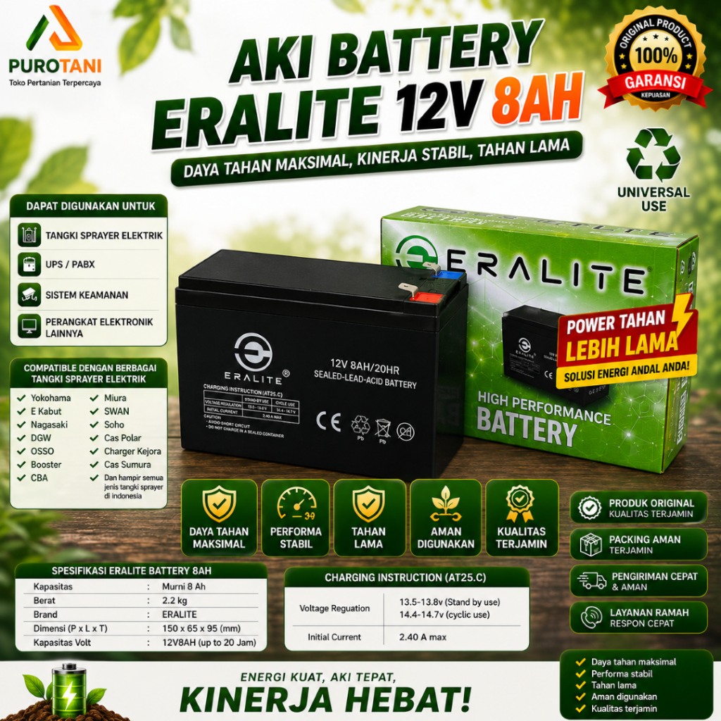 Aki Eralite Sinleader 8 Ampere 12 Volt Baterai 8ah