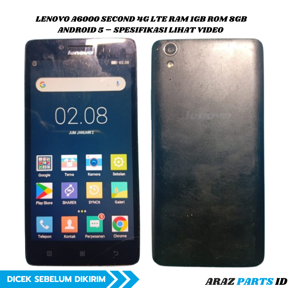 LENOVO A6000 SECOND 4G LTE RAM 1GB ROM 8GB ANDROID 5 – SPESIFIKASI LIHAT VIDEO
