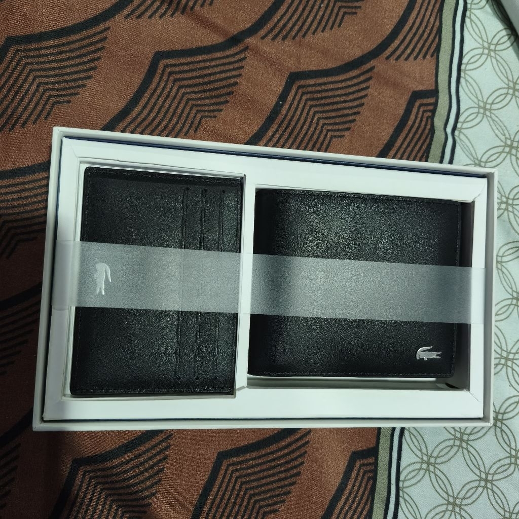 Lacoste Gift set Bifold Leather wallet + Card Holder Black / Dompet  100% Original