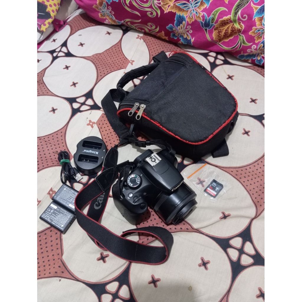 Kamera DSLR Canon 1200D Lensa Fix Yongnuo 50mm, fullset + bonus