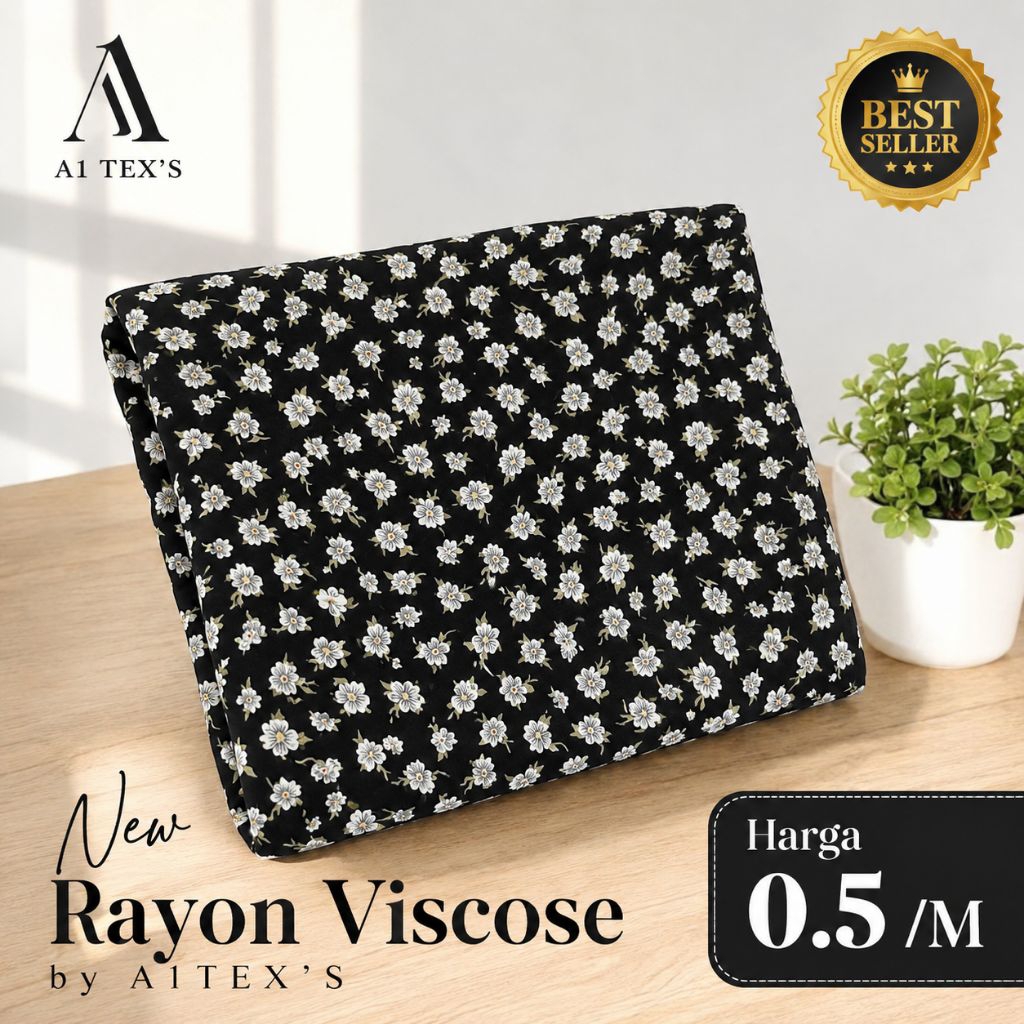 Kain Katun Rayon Viscose Premium - Kain Katun Motif Bunga Daisy Putih Background Hitam Floral Premiu