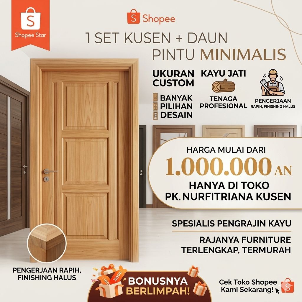 1 set kusen + daun pintu minimalis kayu jati Grade a+ premium quality custom