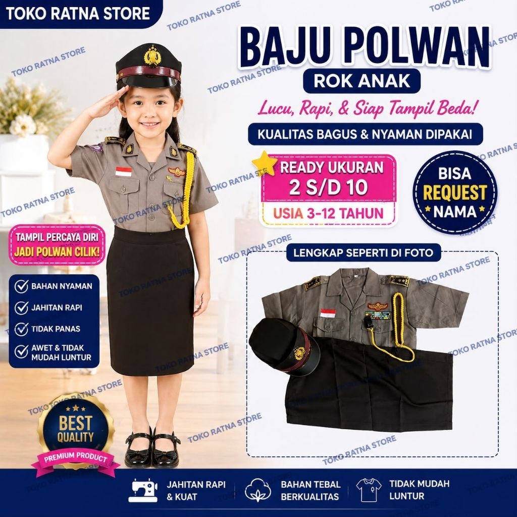 Baju polwan anak PAUD-TK-SD, Baju polisi anak putri PAUD-TK-SD/Kostum Polwan anak PAUD-TK-SD