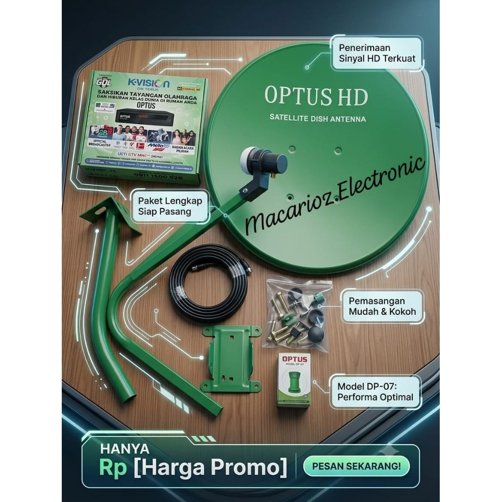 FULL SETT DISH ODU OPTUS HIJAU POLOS 45CM + RCV OPTUS HD66