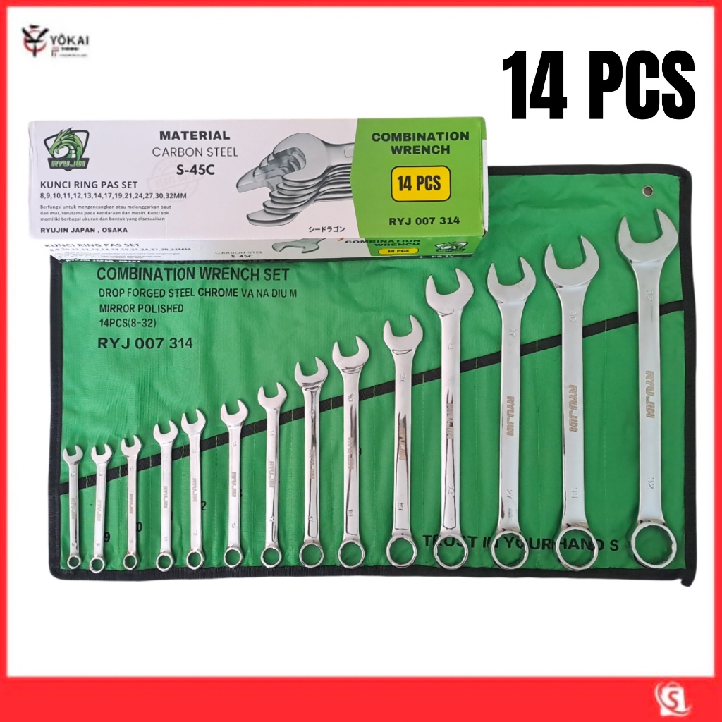 Kunci Ring Pas Set 14pcs 8-32mm Kunci pas Lengkap Kunci Pas Ring Kombinasi Set Chrome Vanadium