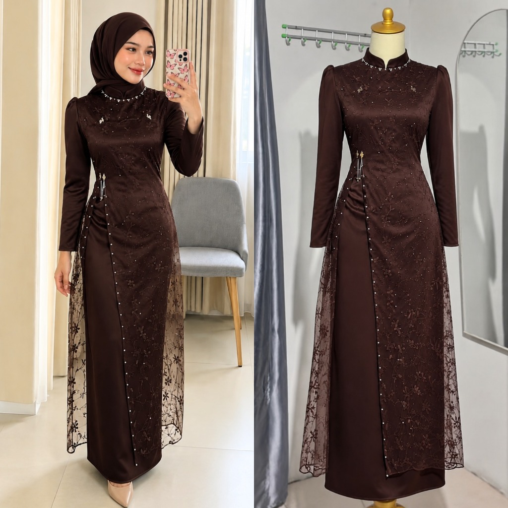 Floreta Dress - Gamis Kondangan Dewasa Remaja Press Body Special Burgundy Mahogany Satin Brukat | Ga