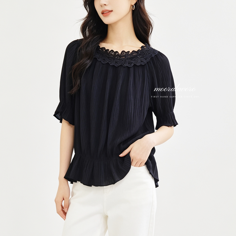 ECLAT CLASSY PLEATS CROCHET SABRINE TOP KOREAN STYLE READY BANGKOK PREMIUM COLLECTION BKK