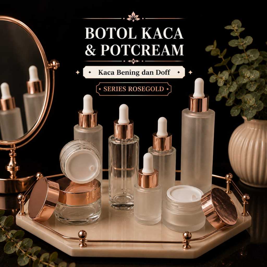Botol Kaca Serum & Pot Cream Bening/Frosted Ring Rosegold Dot Putih Doff 20ml 30ml 50ml 60ml 100ml B