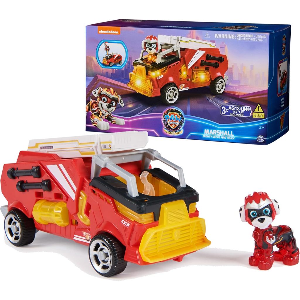 Paw Patrol: The Mighty Movie, Firetruck Toy with Marshall Mighty Pups Action Figure