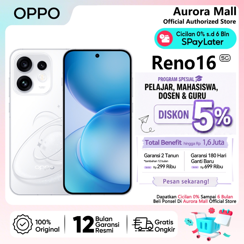 OPPO Reno16 5G 8/256GB 12/256GB (8GB+8GB Extended RAM) NFC Official Store Handphone HP Android COD