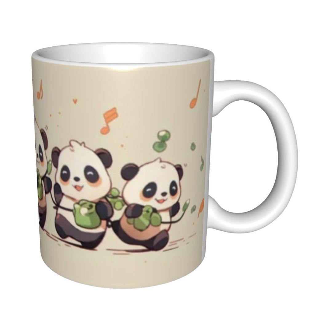 Mug Kopi Keramik Motif Sekelompok Panda Berbaring Main Bambu dengan Not Musik Oranye,Gelas Minum Est