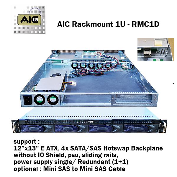 Casing Rackmount 1U AIC for Server PC RMC1D - support EATX MB 12"x13", dual Xeon / AMD Epyc, 4x SATA
