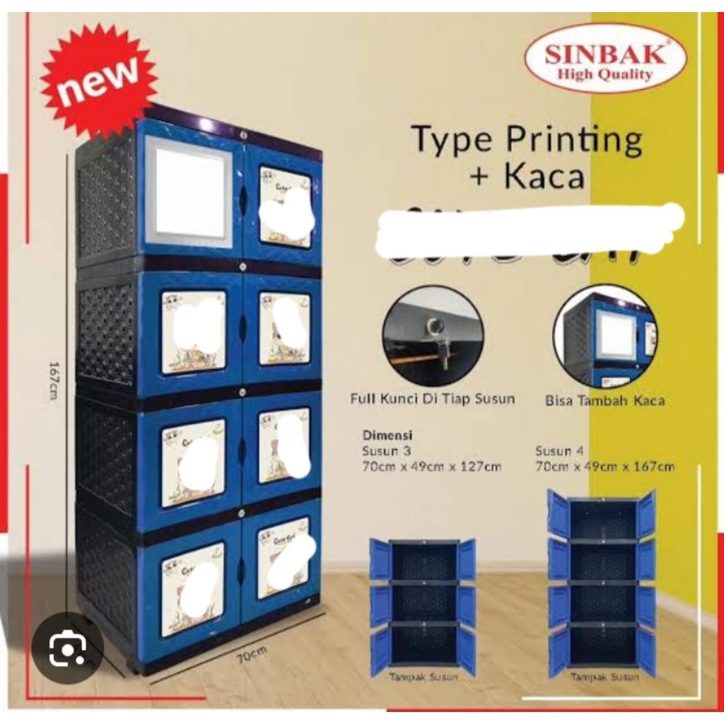 Lemari Sinbak printing susun 3 + kaca motif MOBILE LEGEND ready BIRU