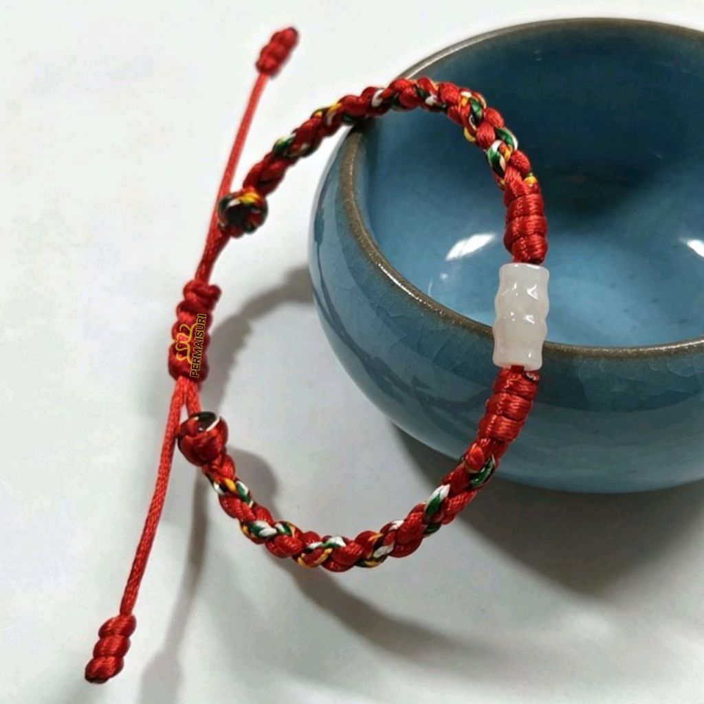 Gelang Giok Asli Mini Bambu Jadeite Tali Merah Tibetan Pancawarna