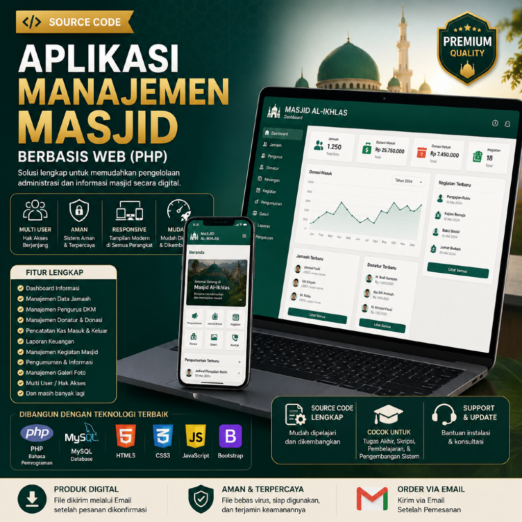 Aplikasi Manajemen Masjid Berbasis Web PHP | Sistem Administrasi Masjid | Source Code | Responsive