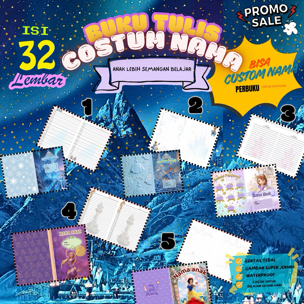 Buku Tulis Cutom Tema Princess|| Buku Sekolah|| Souvenir ulang tahun|| Souvenir nikahan || bisa cust