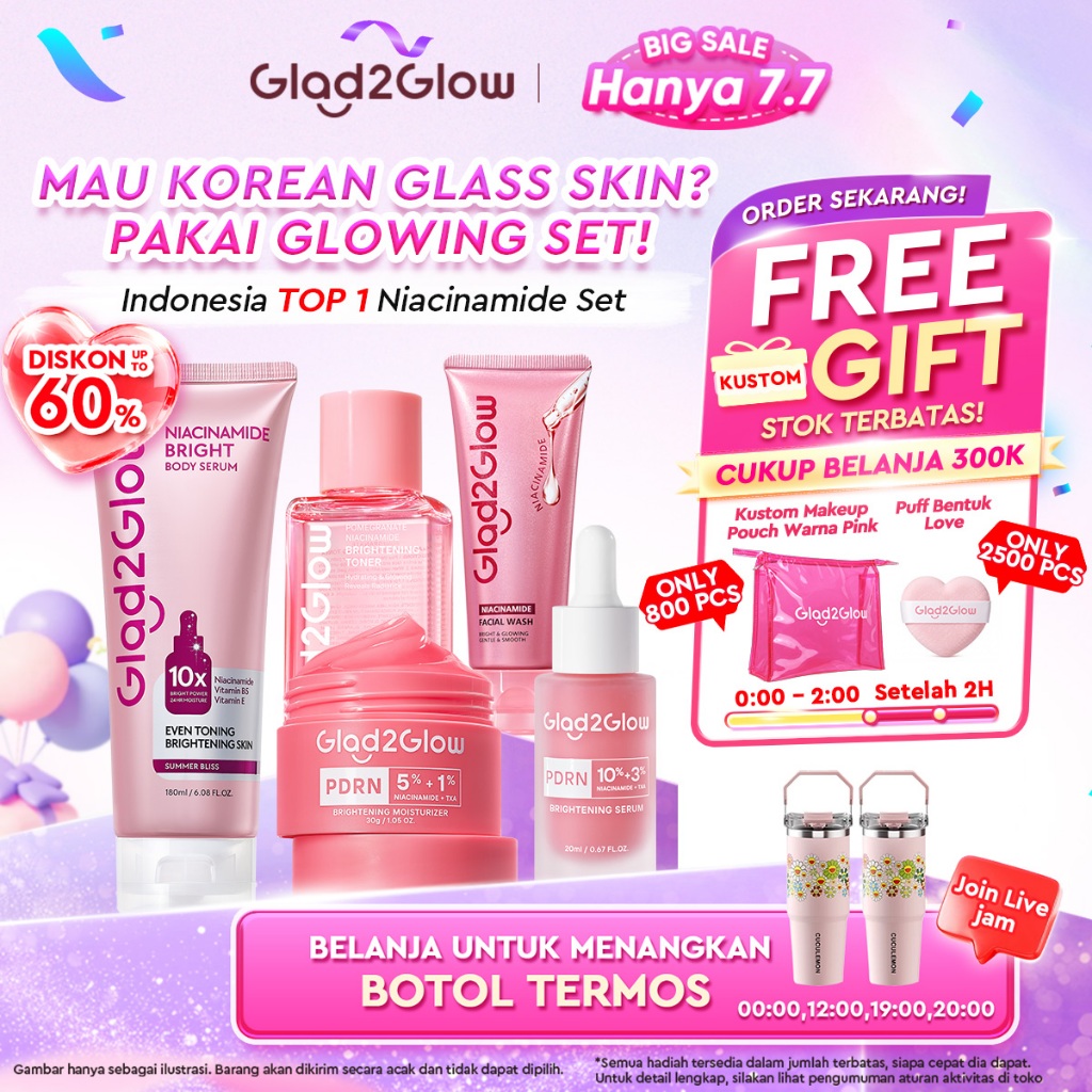 Glad2Glow Cerah Glowing Bundle 4in1-Brightening Moisturizer+Serum+Cleanser+toner+Peeling solution+Re